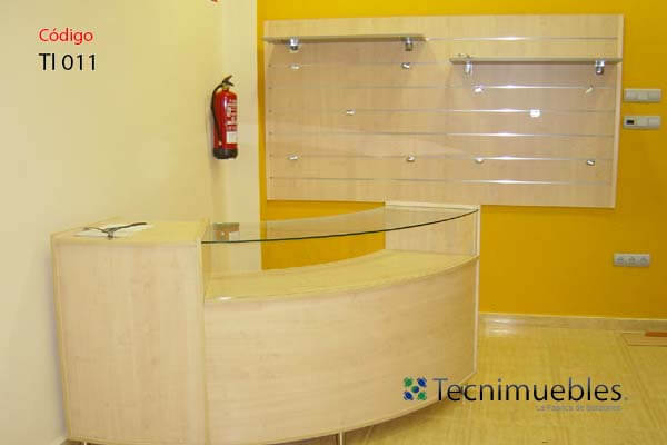 Cash register or reception desk with a back panel with shelves