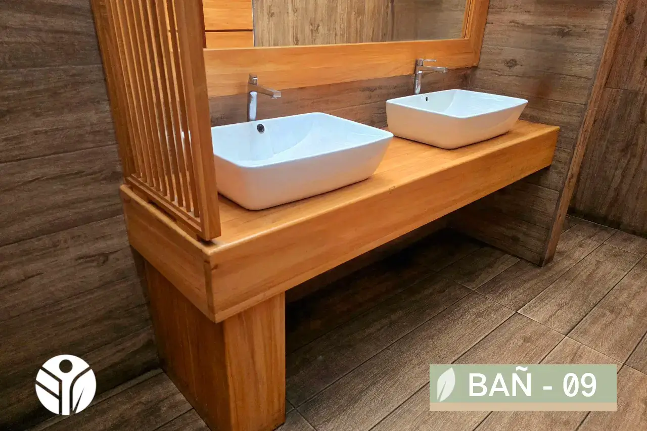 Mueble de baño TECA REAL en madera de teca con dos lavamanos rectangulares, acabado en laca antihumedad, largo 200 cm.