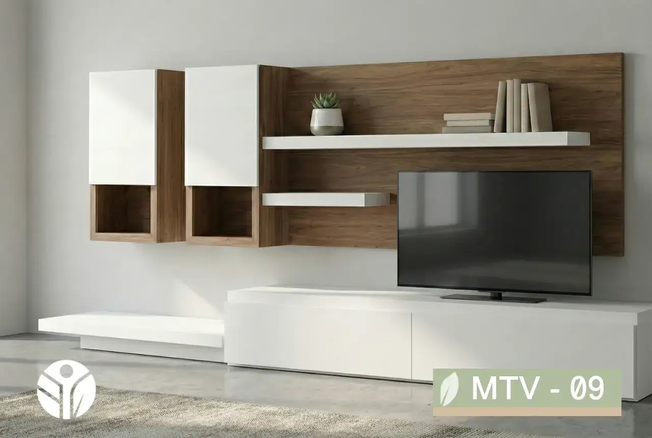 Centro de entretenimiento a medida con panel de madera nogal y repisas blancas en Costa Rica.