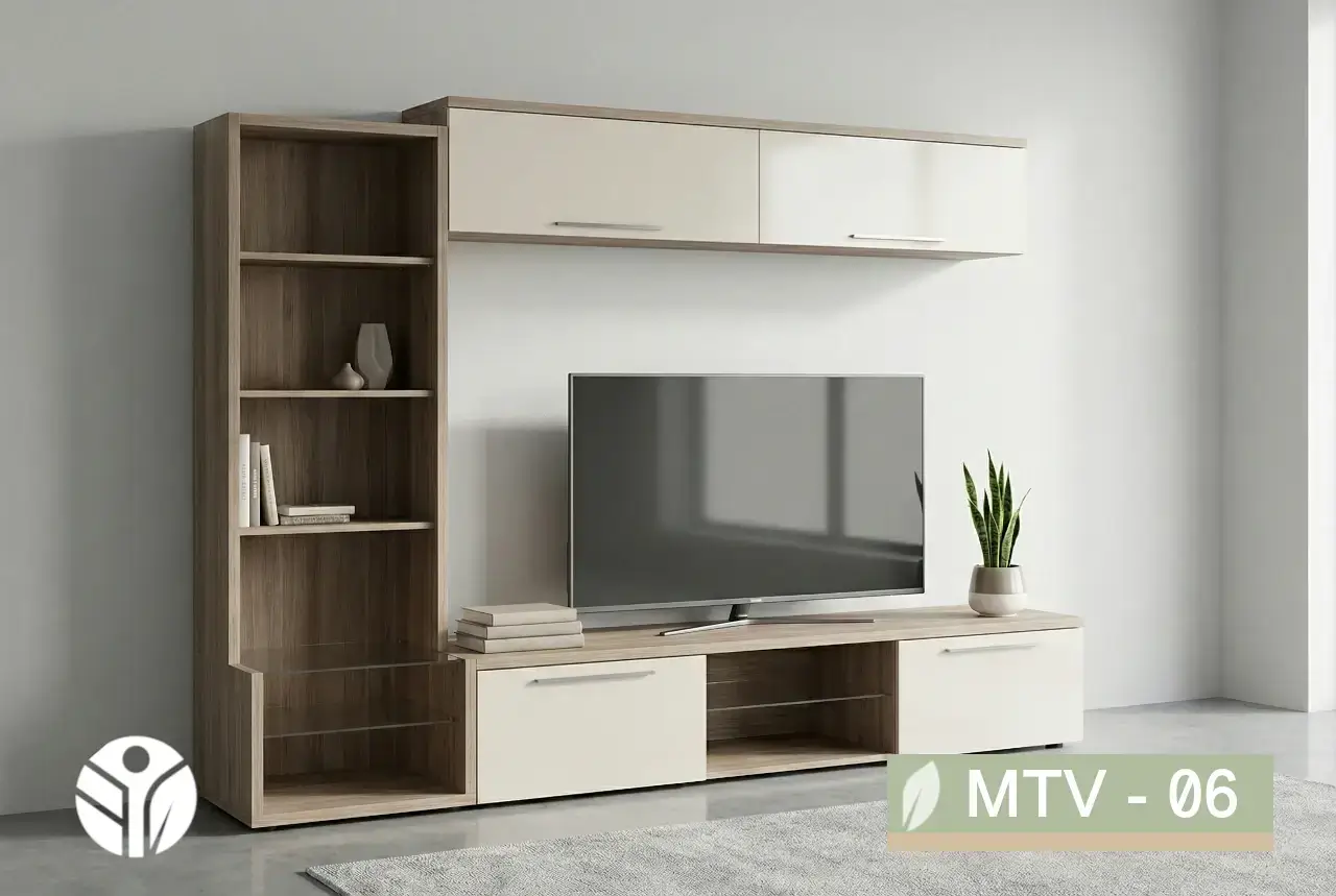 Mueble para TV en perspectiva con biblioteca lateral, base con puertas y gabinetes superiores, Costa Rica
