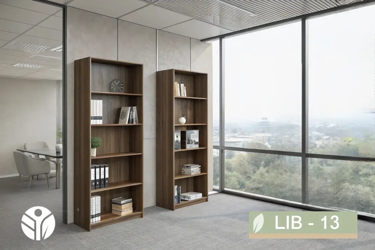 Librero modular de torres Modus LIB-17 con estantes, puertas de vidrio, gavetas y distintas melaminas, fabricado a medida por TECNI en Costa Rica