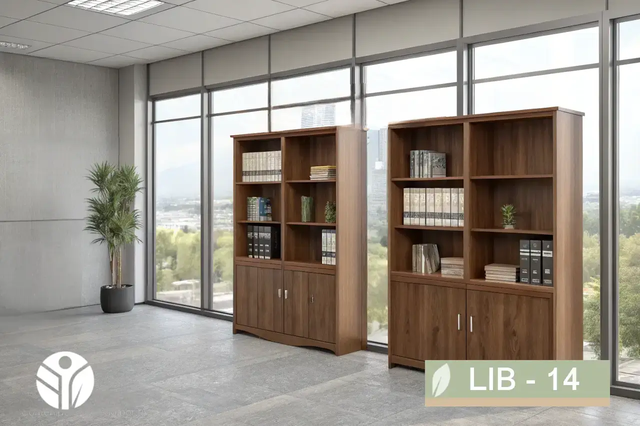 Librero con llave Aegis LIB-14 de madera con estantes abiertos y puertas inferiores con llave, fabricado a medida por TECNI en Costa Rica