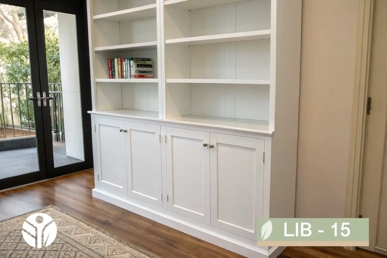 Librero blanco Alba LIB-15 clásico en MDF lacado con puertas inferiores y estantes abiertos, fabricado por TECNI en Costa Rica