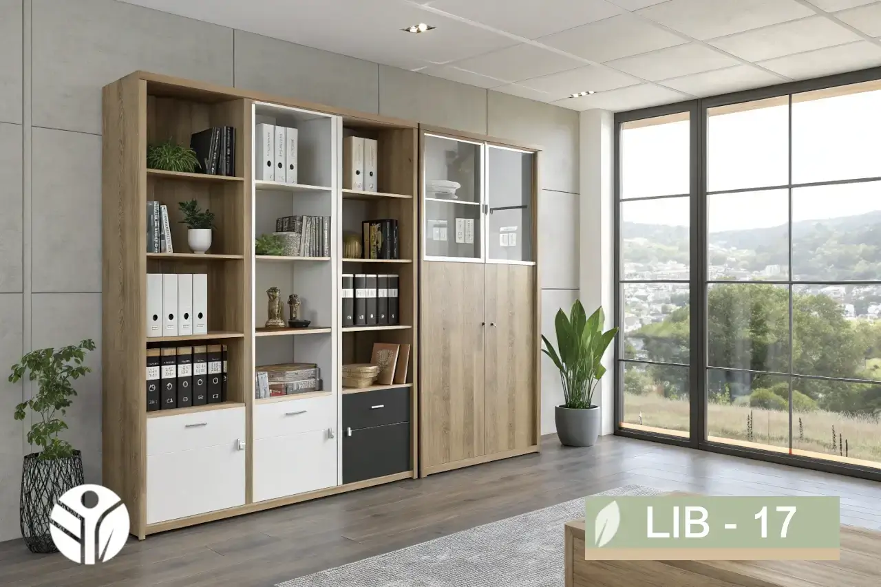 Librero modular de torres Modus LIB-17 con estantes, puertas de vidrio, gavetas y distintas melaminas, fabricado a medida por TECNI en Costa Rica