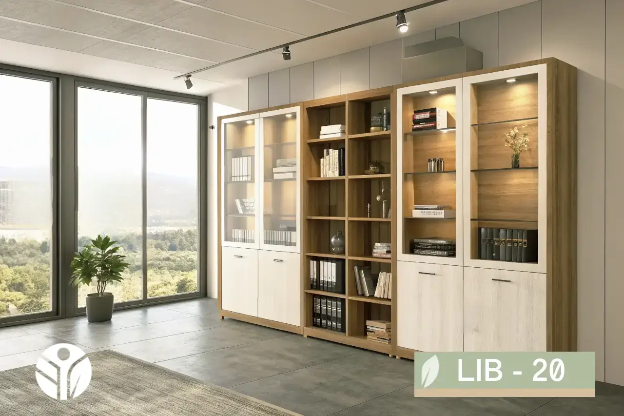 Librero elegante Gala LIB-20 con biblioteca abierta al centro, vitrinas iluminadas a los lados y puertas cerradas, fabricado a medida por TECNI en Costa Rica