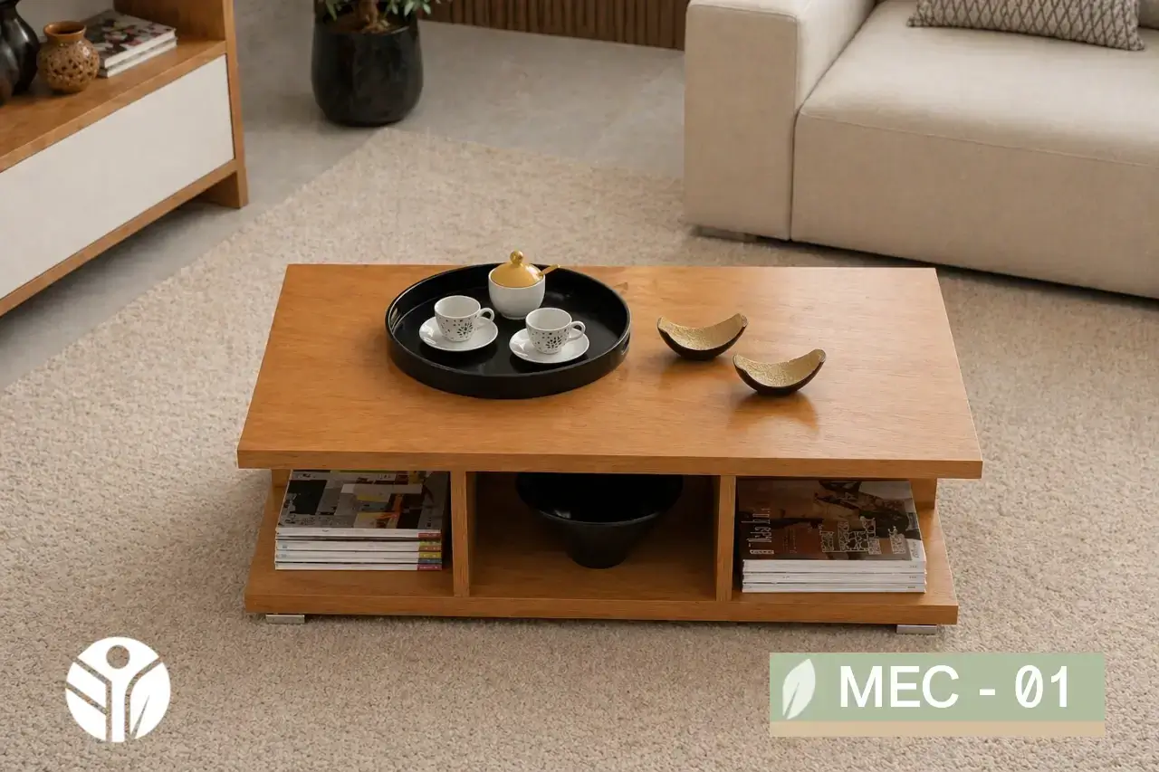 Mesa de centro de madera clara Meseta rectangular con estantes abiertos en la sala