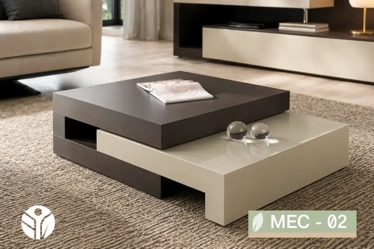 Mesa de centro lacada Ágata cuadrada bitono en madera oscura y crema