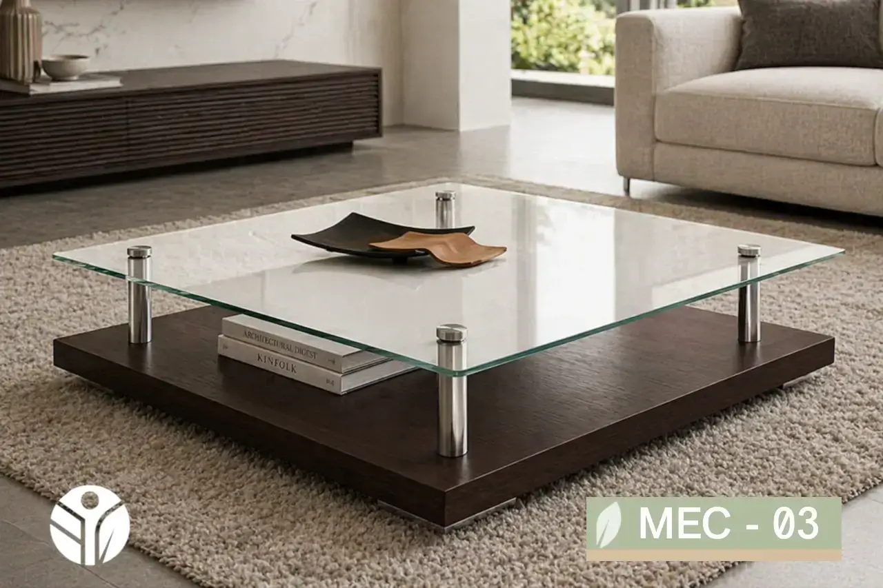 Mesa de centro de vidrio Cuarzo con base de madera oscura y soportes metálicos