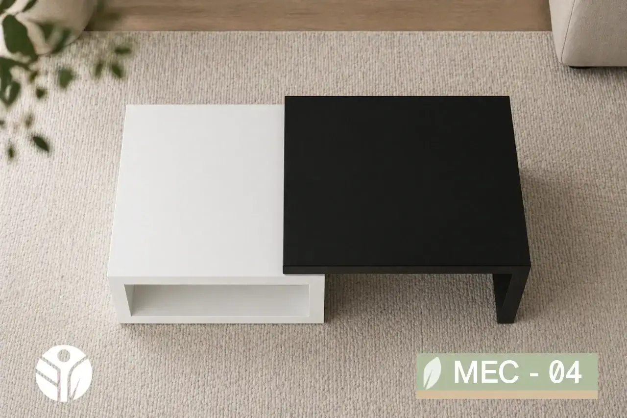 Vista superior de la mesa de centro bicolor Sílex en forma de L intercalada