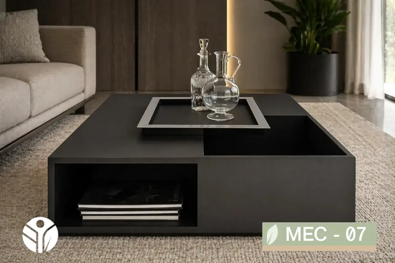 Mesa de centro blanca Ópalo cuadrada con superficie de vidrio y compartimientos abiertos