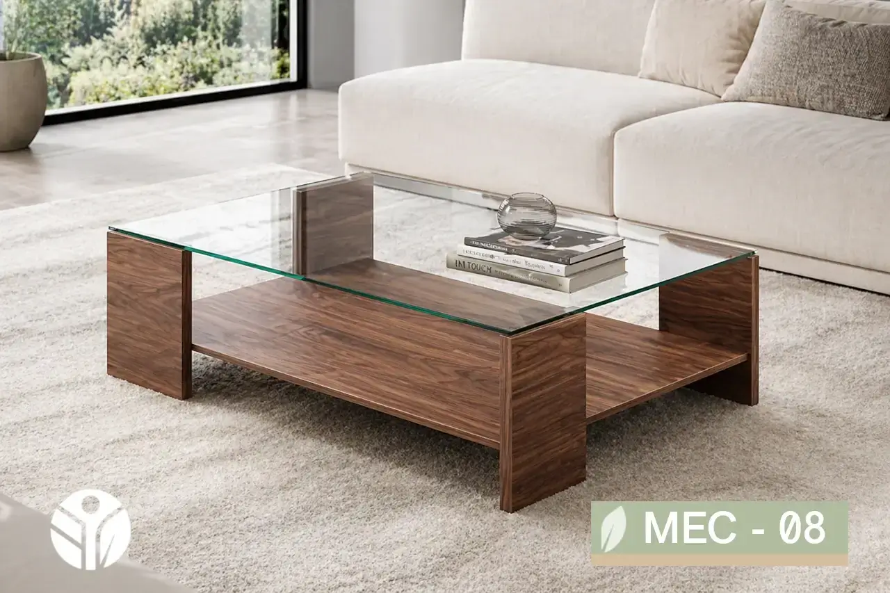 Mesa de centro de nogal Geoda con sobre de vidrio transparente y estante inferior