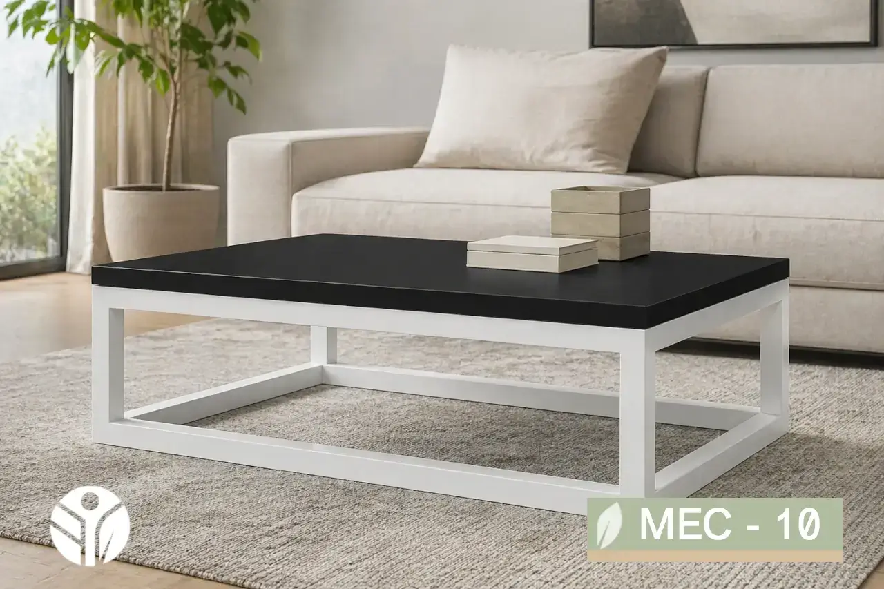 Mesa de centro industrial Cantera rectangular con tapa negra y base metálica blanca
