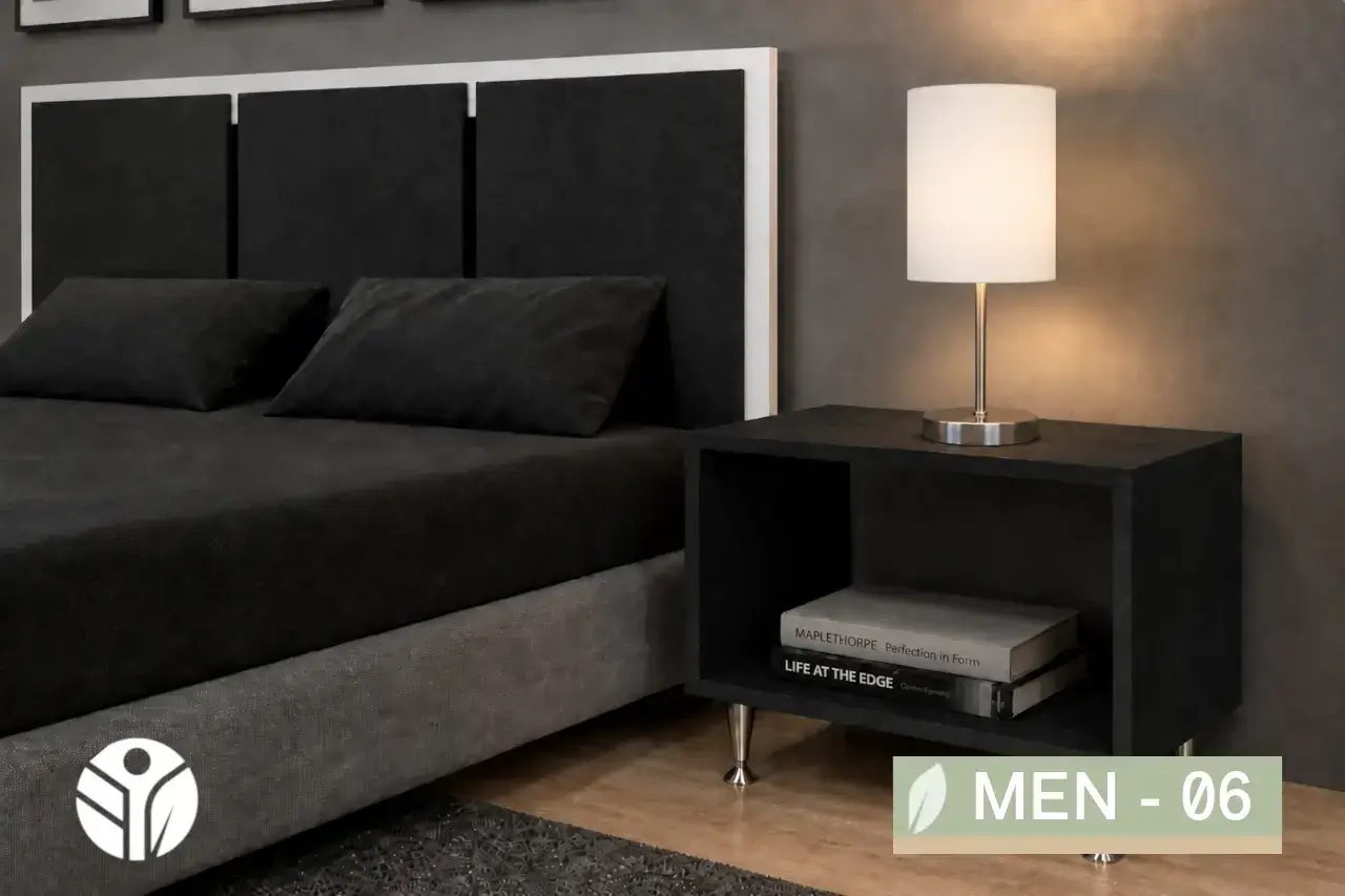 Mesa de noche con patas metálicas Azabache en madera oscura con espacio abierto