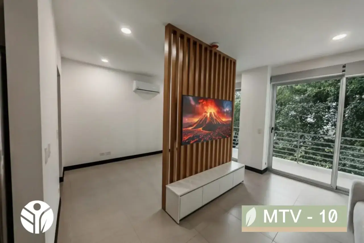 Panel divisor de lamas de madera para televisión en ambiente integrado moderno de Costa Rica.