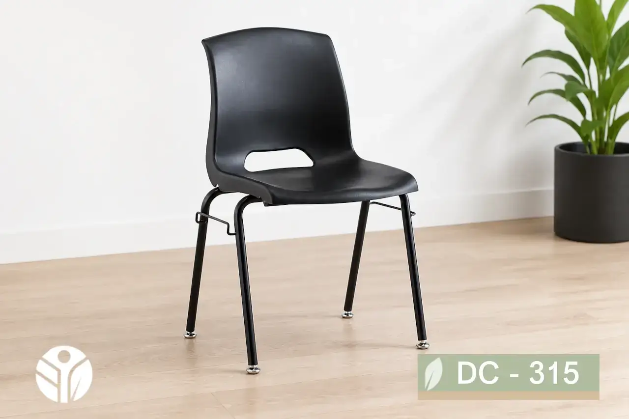 Silla de espera plástica DC-315 en color negro con estructura de hierro y ganchos laterales para enlazar