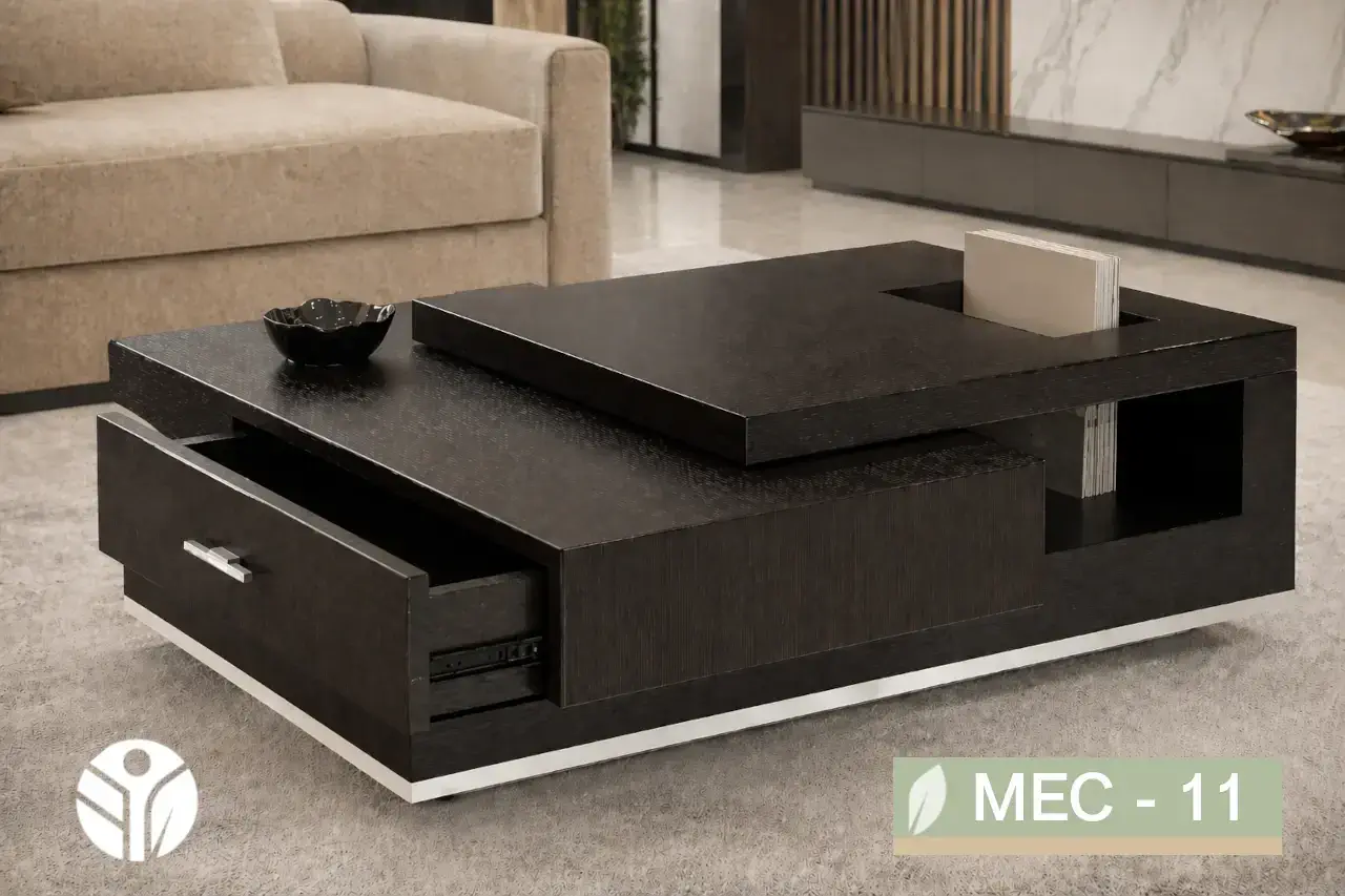 Mesa de centro con gaveta Estrato en wengué con gaveta abierta y nicho para libros
