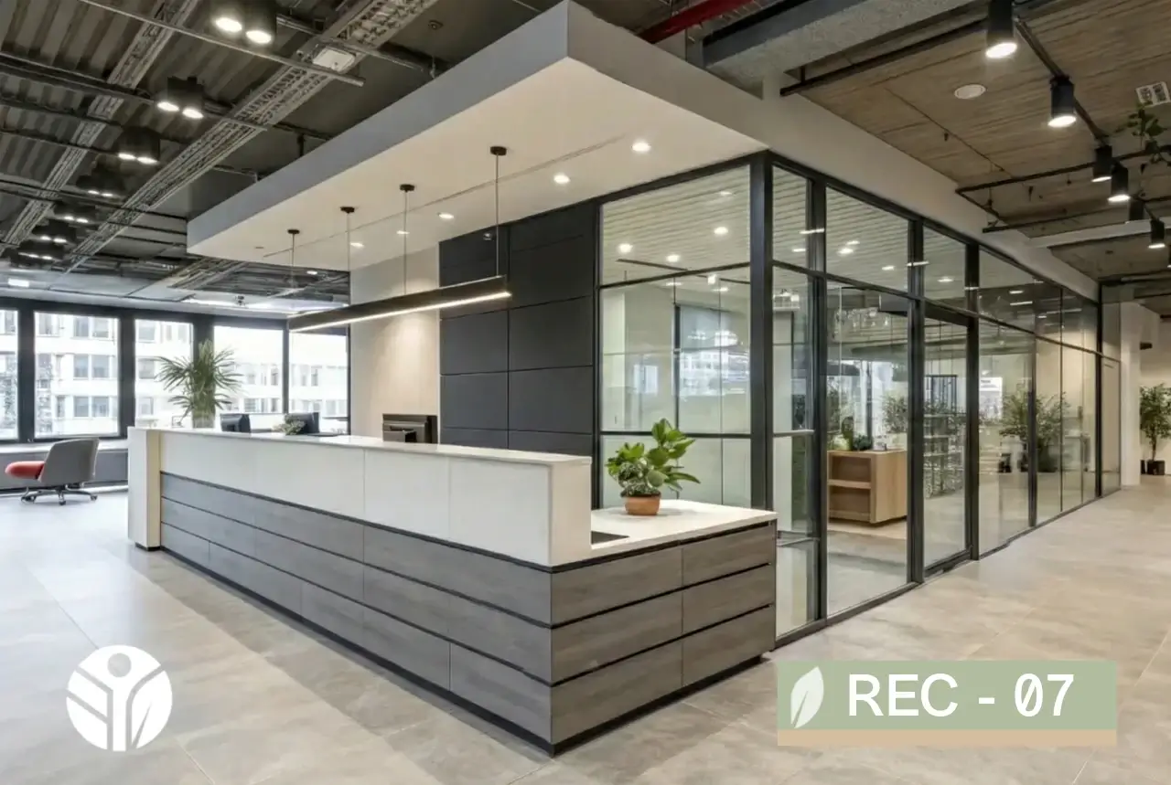 Mostrador de recepción REC-07 largo en gris y blanco, estilo moderno para oficina, Tecni Costa Rica