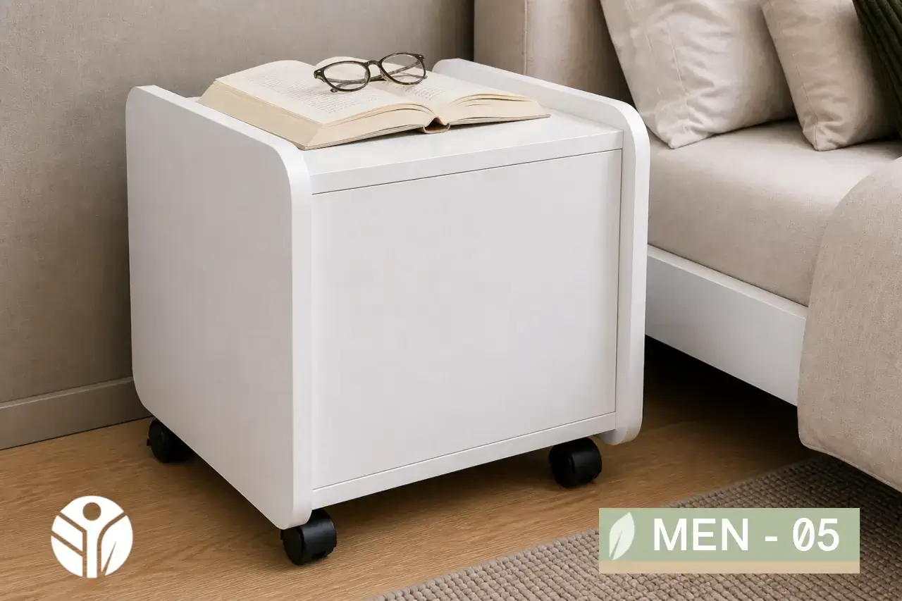 Mesa de noche con ruedas Selene blanca con frente de madera clara y gaveta