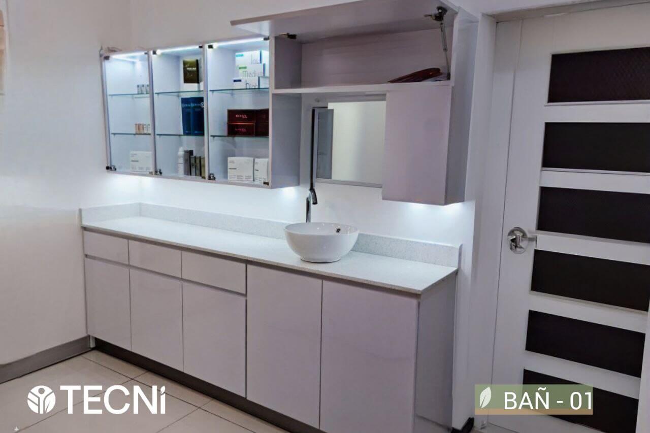 Mueble de baño artesanal blanco modelo NÉVOA con sobrecuarzo, lavamanos tipo bowl y botiquín con espejo – Tecnimuebles Costa Rica