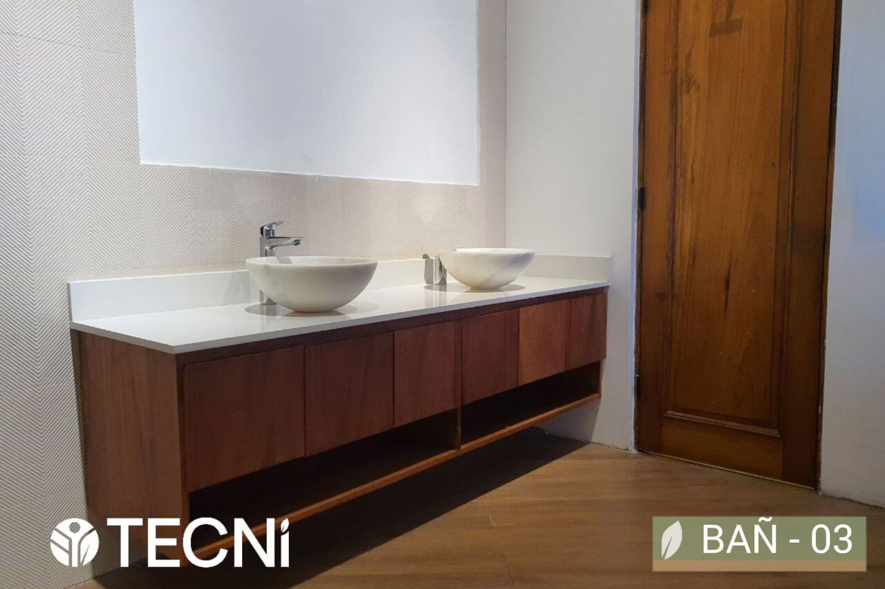 Mueble de baño ÉBANO flotante en melina caoba con sobre de cuarzo