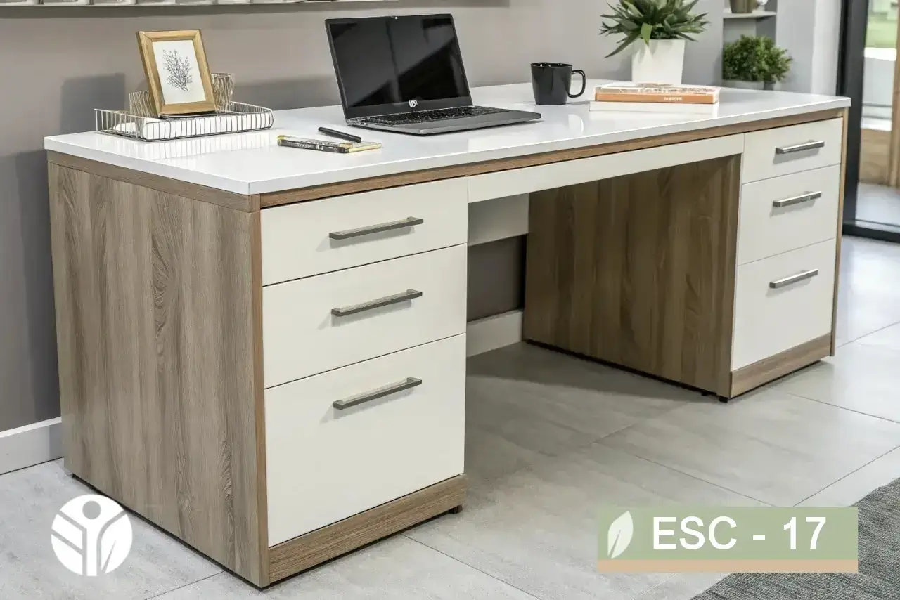 Escritorio blanco con detalles en madera tono roble y doble cajonera, Tecni Costa Rica