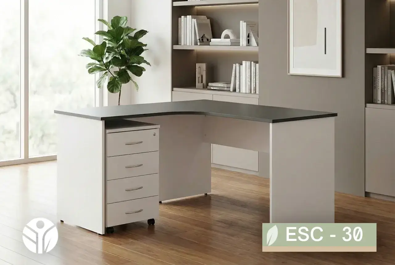 Escritorio en L blanco con cubierta gris oscuro y esquina interior curva, ambiente moderno, Costa Rica