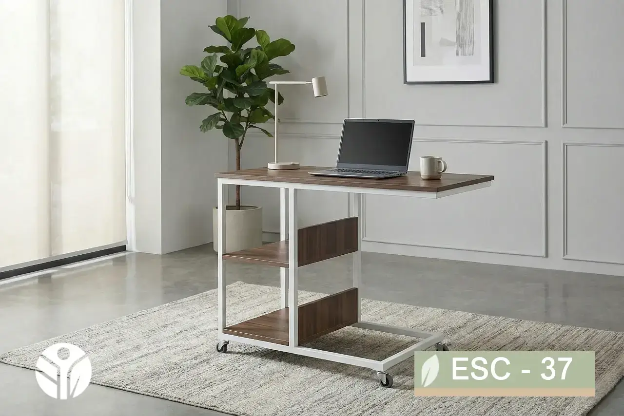 Escritorio compacto con ruedas, tapa de madera oscura y estructura metálica blanca, Costa Rica