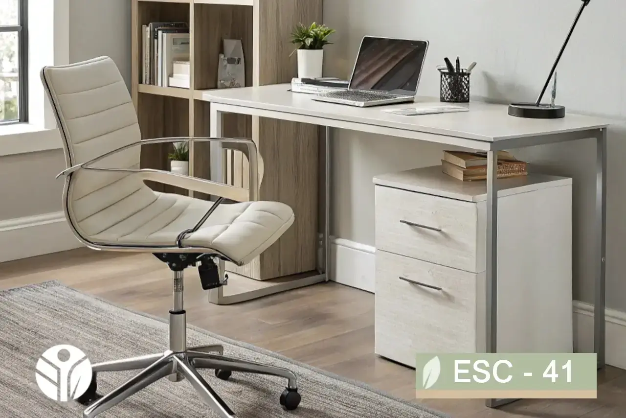 Escritorio blanco con estructura metálica gris y cajonera lateral de dos gavetas, Tecni Costa Rica