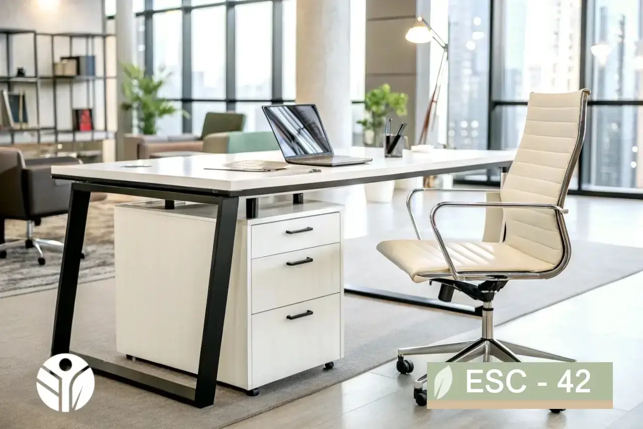Escritorio ejecutivo blanco con estructura negra y cajonera de tres gavetas, Tecni Costa Rica