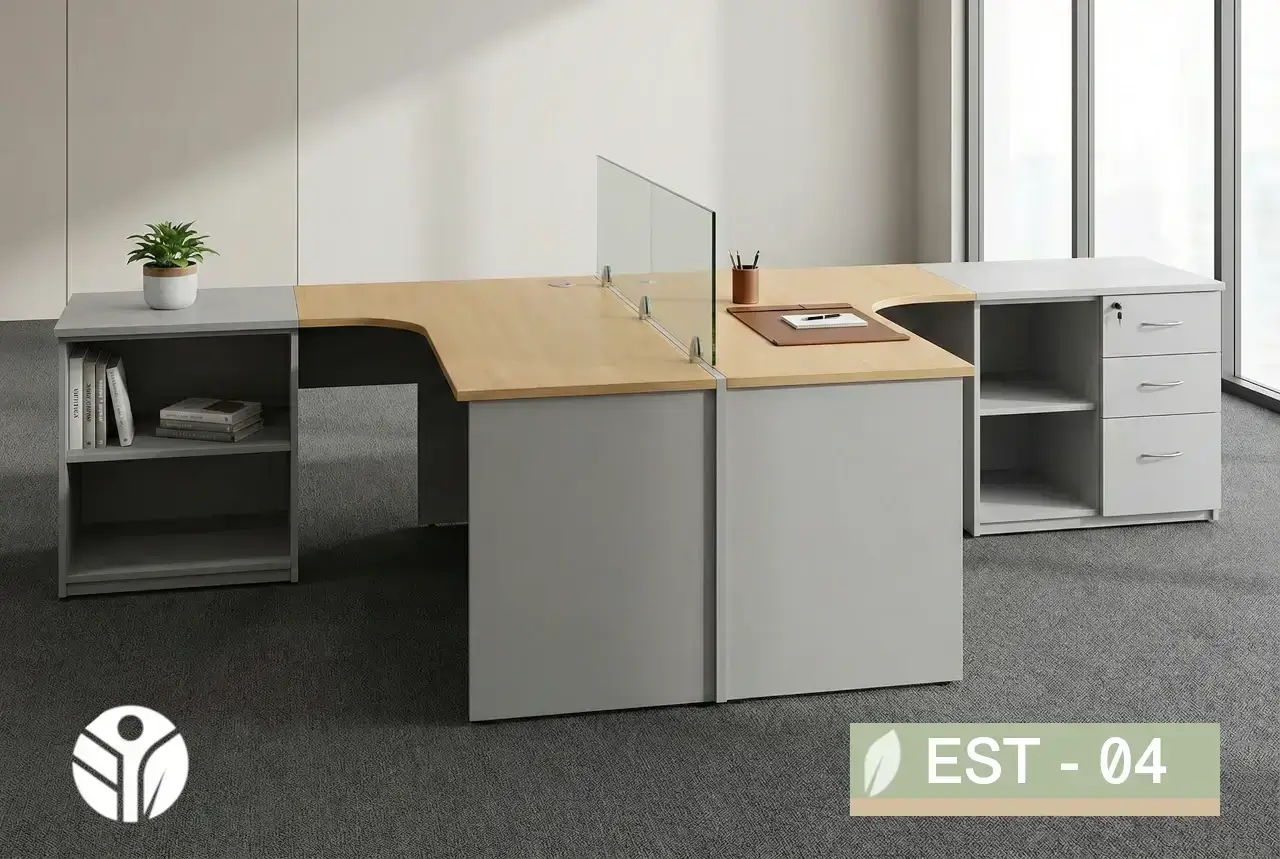 Vista superior de módulos operativos en forma de T con sobres madera clara y estructura gris, Tecni Costa Rica