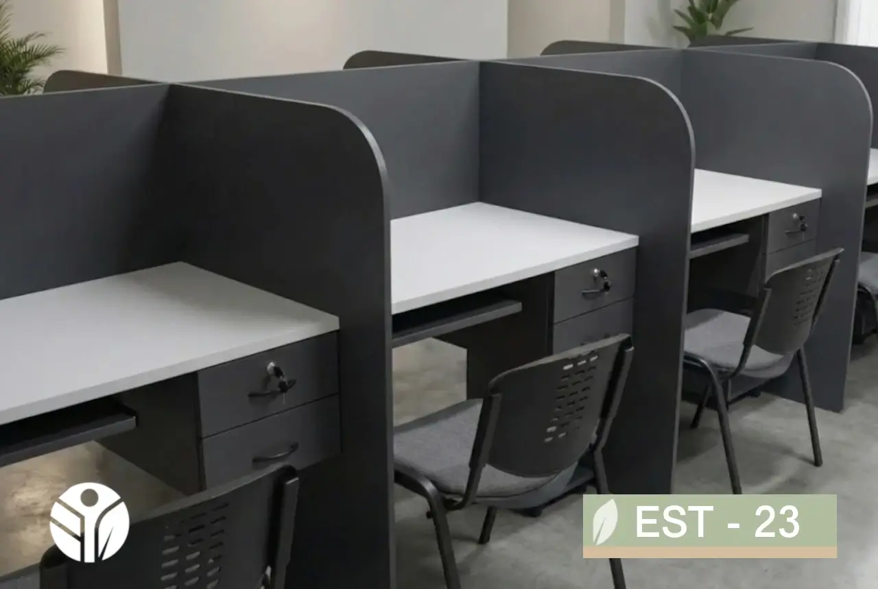 Fila de estaciones de trabajo operativas gris con archivo bajo mesa Tecni