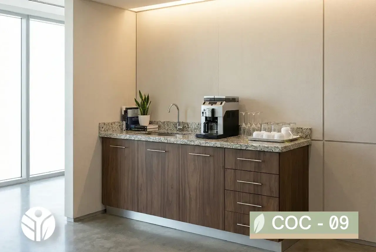 COC-09 vista frontal de mueble de cocina lineal en madera oscura con cubierta gris, fregadero y gavetas – Costa Rica