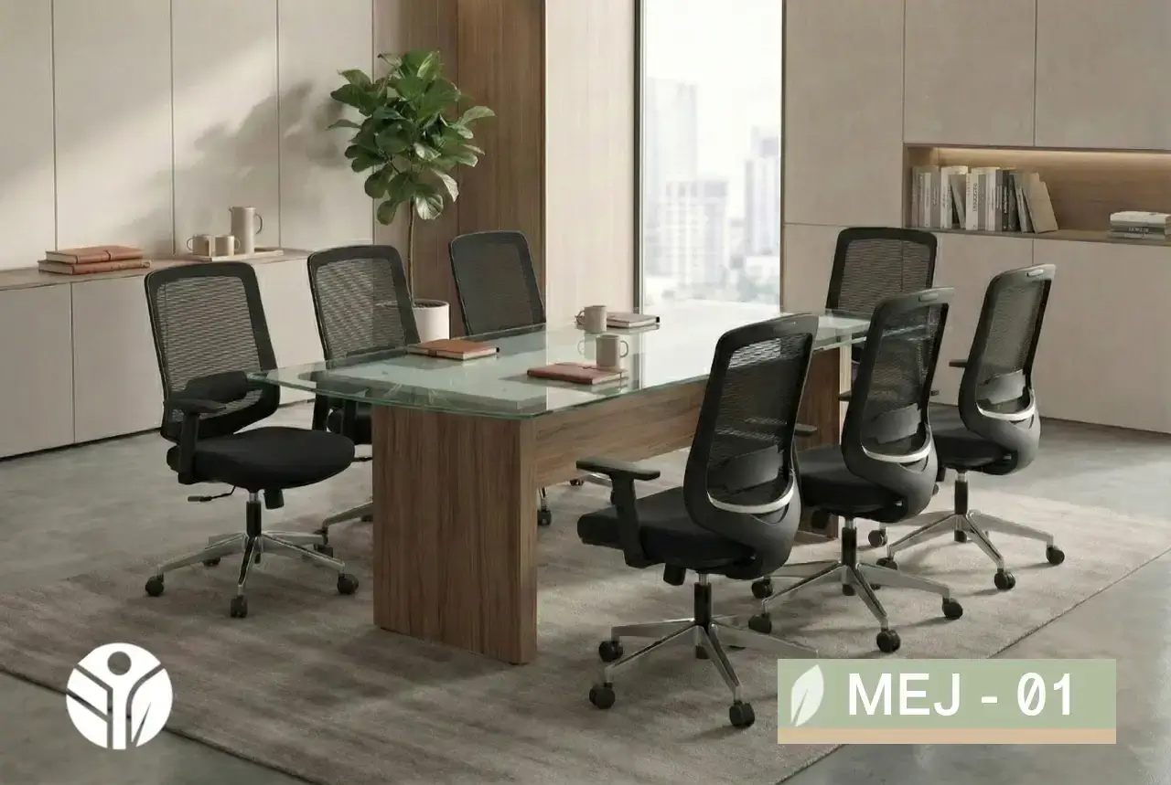Mesa de juntas con cubierta de vidrio transparente y base de madera, estilo moderno en Costa Rica