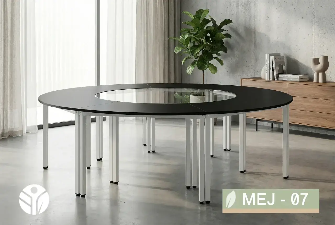 Mesa de juntas circular negra con centro de vidrio y patas blancas, estilo moderno para oficina en Costa Rica