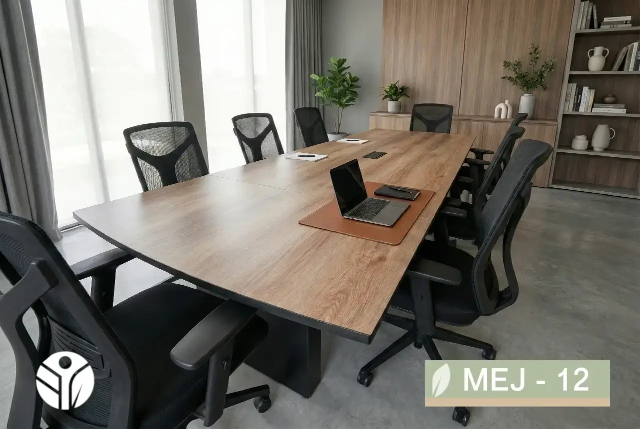 Vista superior de mesa de juntas en madera tono nogal, forma tipo bote con módulo central, para reuniones
