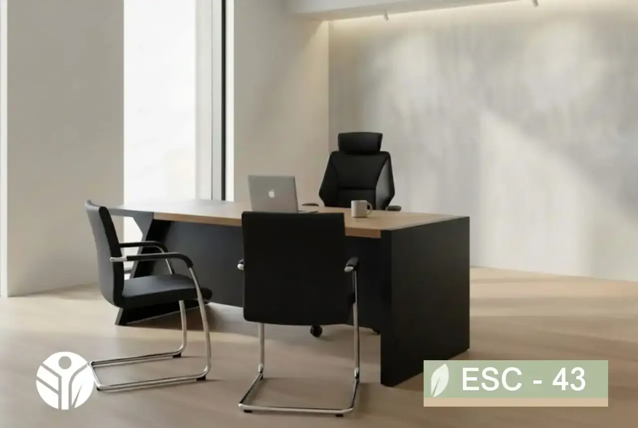 Escritorio ejecutivo negro con sobre en acabado madera y área de reunión con sillas en oficina moderna en Costa Rica