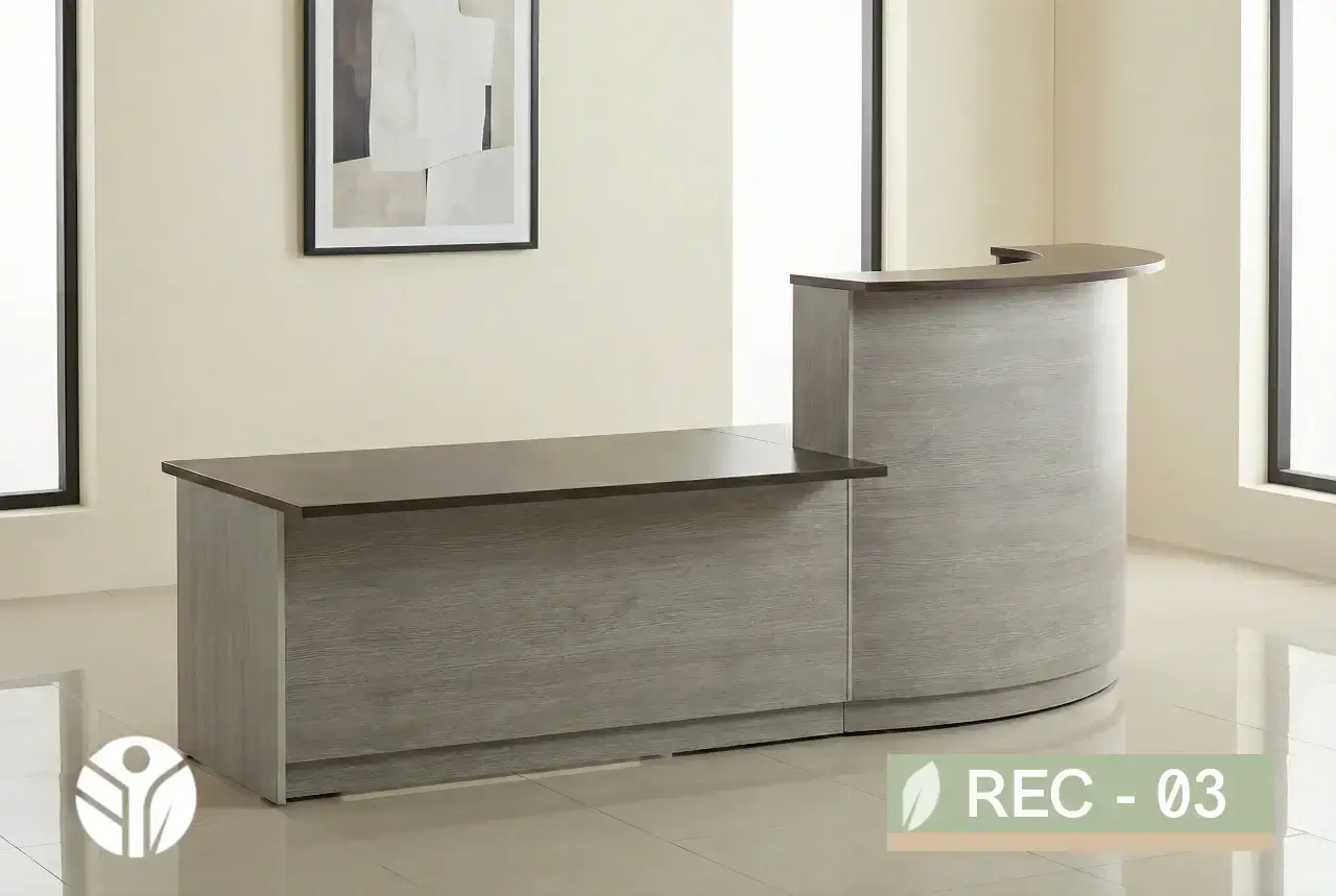 Mostrador de recepción curvo REC-03 en gris texturizado con cubierta oscura, Tecni Costa Rica