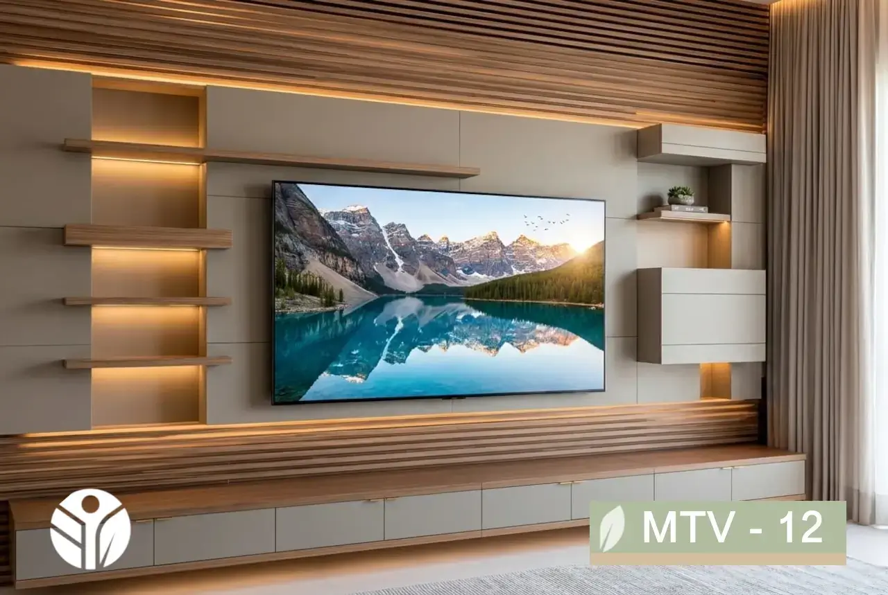 Mueble para TV a medida con paneles de madera alistonada, repisas flotantes e iluminación LED en Costa Rica.