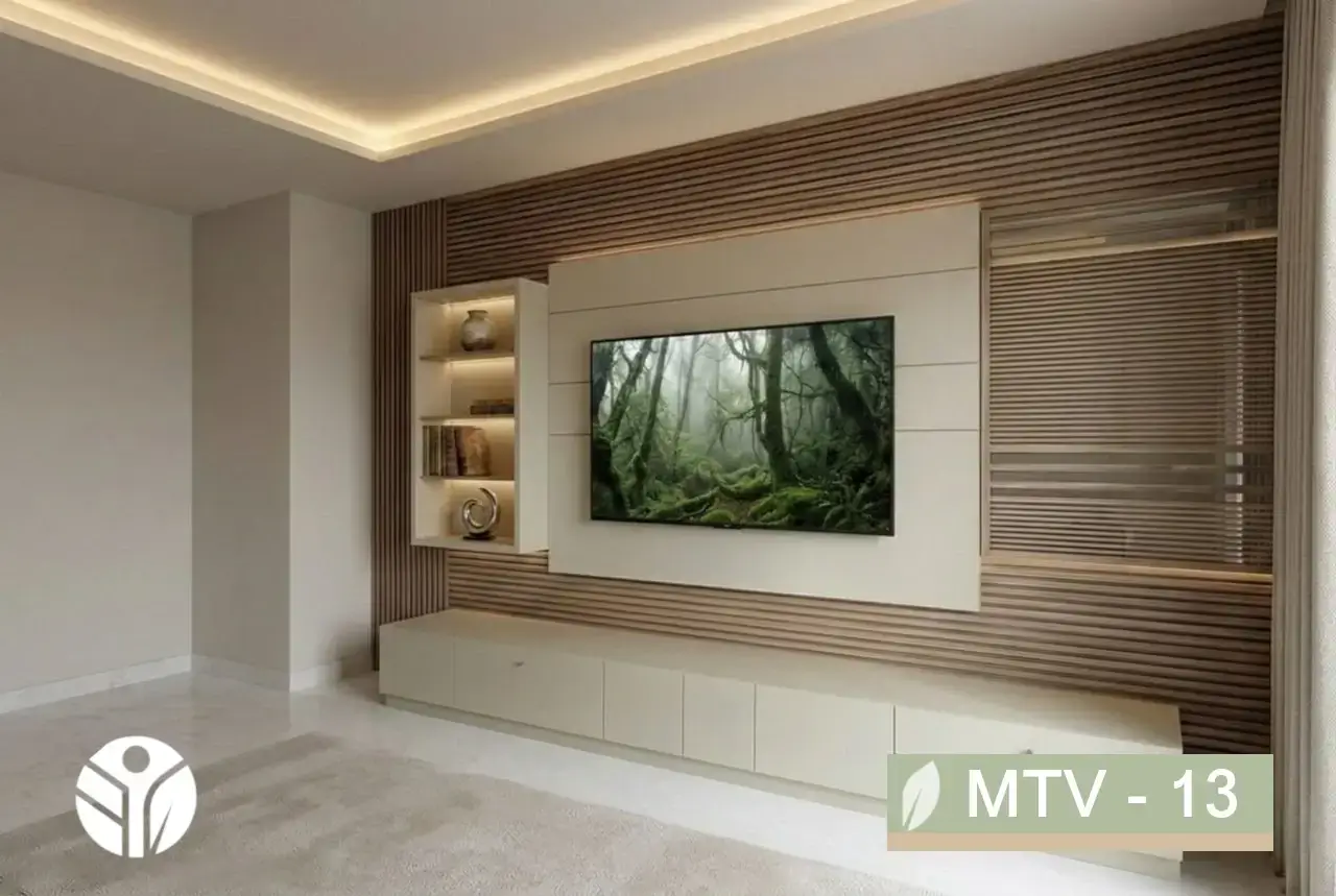 Mueble para TV a medida color crema con panel de madera alistonada e iluminación LED en Costa Rica.