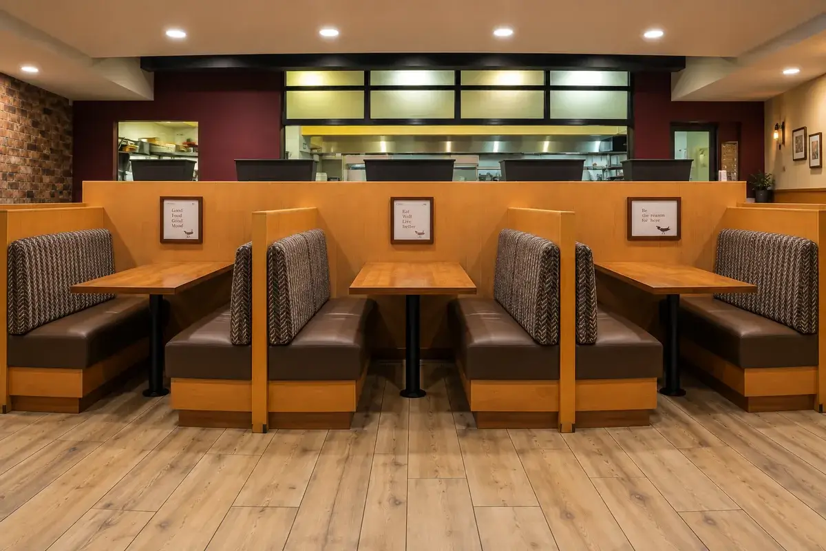 Booths de restaurante a medida en madera con respaldos tapizados y mesas fijas, vistos de frente