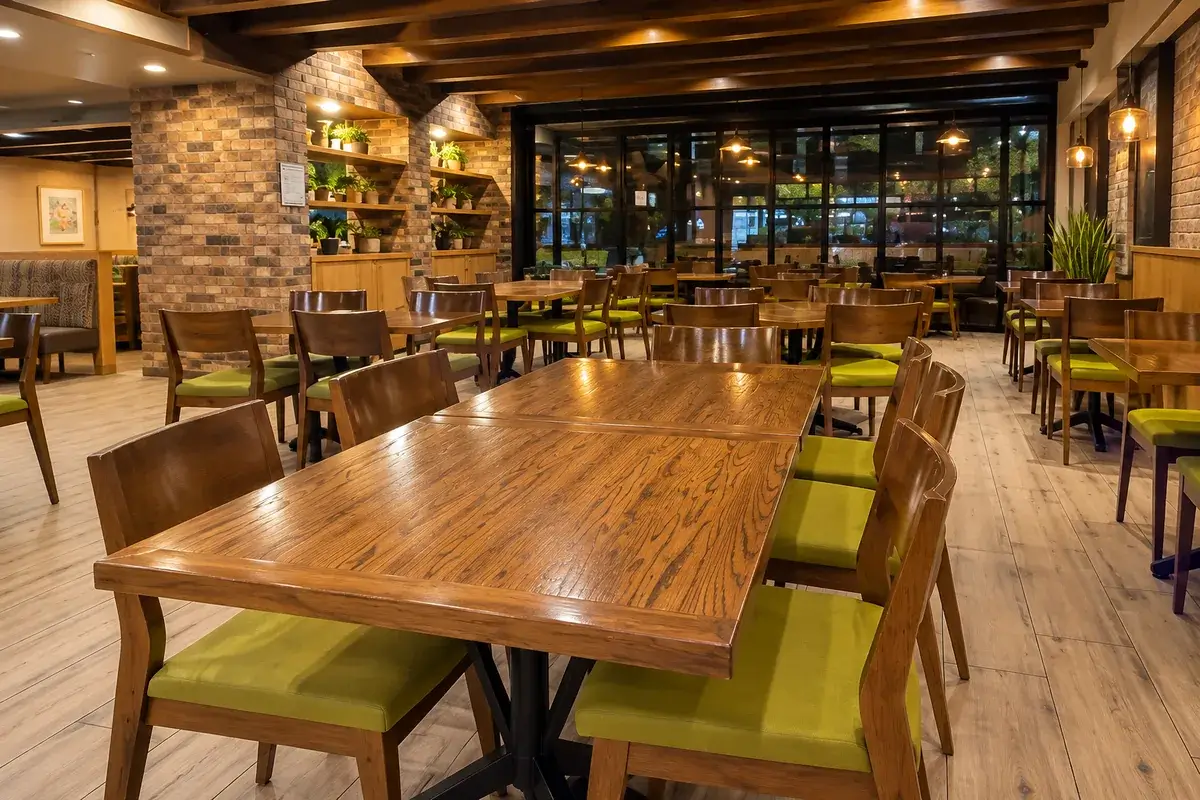 Comedor de restaurante con mesas de madera maciza, columna de ladrillo y lamparas colgantes de luz ambar